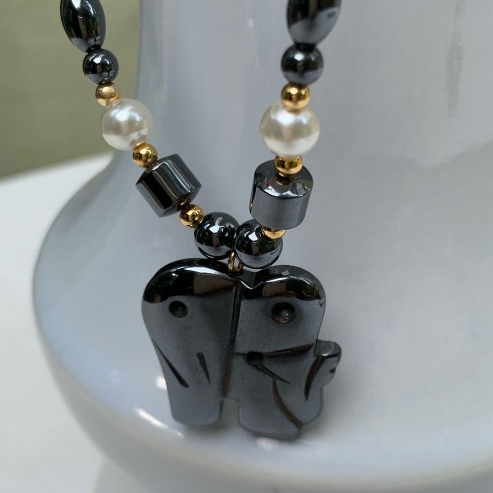 Vtg Hematite Elephant Beaded Necklace